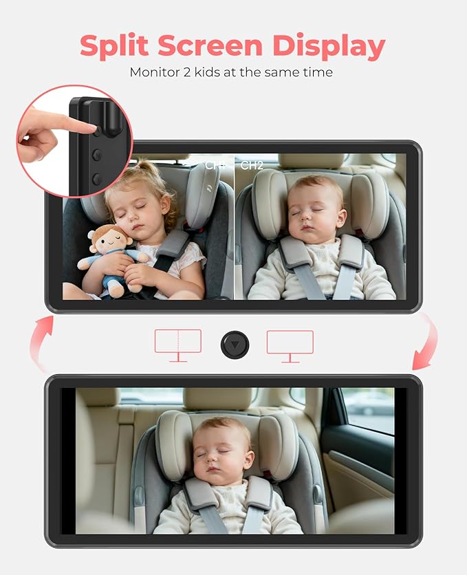 BM5PRO 7.2" Dual Camera Baby Monitor, 1080P HD Display for 2 Kids, Night Vision, Easy Install Car Baby Monitor, Ideal Gift, Rear Seat Safety for Babies & Pets