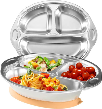 Stainless Steel Baby Suction Plates Divided Plates for Babies and Toddlers, Made of 100% Food-Grade Materials Ideal for Baby-Led Weaning BPA-Free Toddler Feeding Dishwasher Safe Orange-pink
