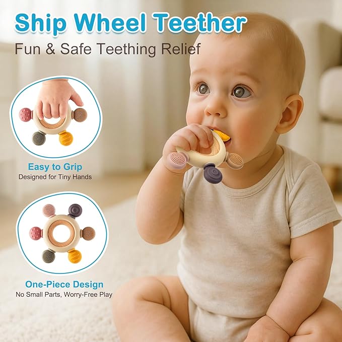 2 Pack Baby Teething Toys for 0-6 6-12 Months, Silicone Soothing Baby Teether Toys & Montessori Sensory Toys for Boy Girl, Safe and Durable Teething Toys for Newborn Infant