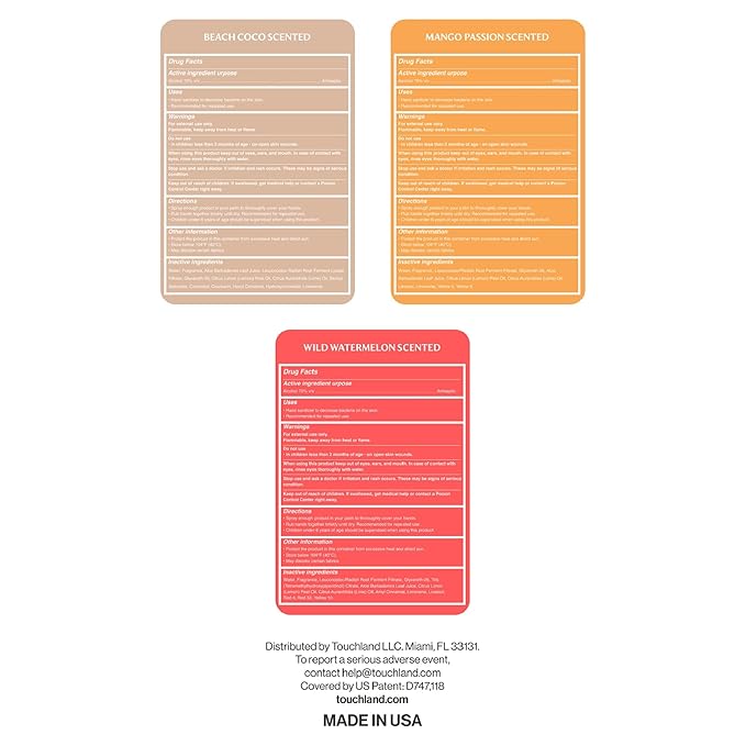 Touchland Hydrating Hand Sanitizer Spray, TROPICAL Trio Set (Mango Passion, Beach Coco, Watermelon), 1 FL. OZ. Travel Size Power Mist Sprays (Set of 3)