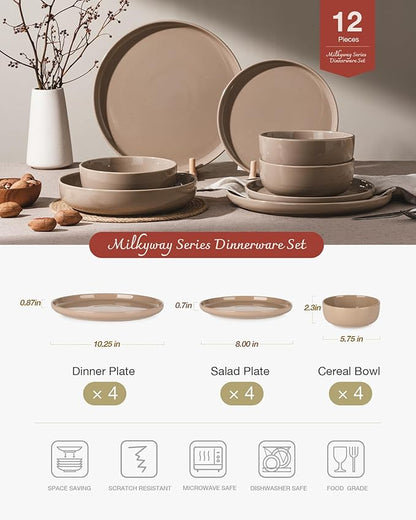 Famiware Milkyway Plates and Bowls Set, 12 Pieces Dinnerware Sets, Dishes Set for 4, Cinnamon Brown