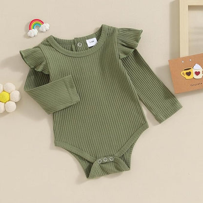Mubineo Infant Baby Girl Basic Plain Rib Knit Ruffle Long Sleeve Romper Bodysuit Tops
