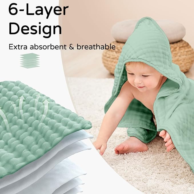 Yoofoss Hooded Baby Towels for Newborn 2 Pack 100% Muslin Organic Cotton Baby Bath Towel with Hood for Babies, Infant, Toddler and Kids, 32x32Inch, Soft and Absorbent Newborn Essential, Gradient Green