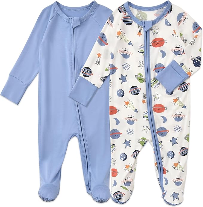 Baby Footed Pajamas with Mittens Rayon from Bamboo 2pcs Newborn Infant 2-way Zipper Pjs Cute Sleeper Outfit