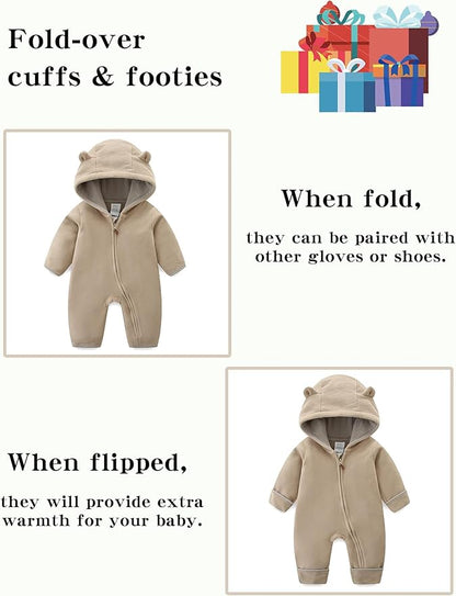 Newborn Baby Bear Onesie Winter Snowsuit With Fold-over Mittens & Footies Zip Up Baby Fleece Jumpsuit 0-18M