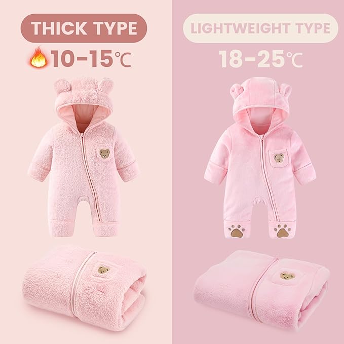 JiAmy Baby Snowsuit Newborn Fleece Winter Clothes With Flod-Over Zipper Baby Bear Hooded Thick Outfits