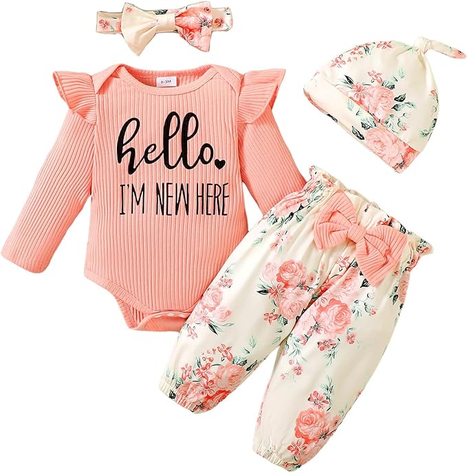 Newborn Infant Baby Girl Clothes Outfits Rib Romper Floral Pants with Headband Winter Clothing Set