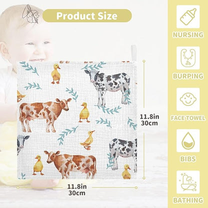 vvfelixl Baby Muslin Washcloths Farm Animals Cows Duckling Baby Burp Cloths Cotton Baby Face Towel for Newborn Infants Boys Girls Soft and Absorbent 11.8 X 11.8 in, 3 Pack