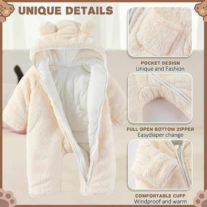 Newborn Baby Bear Outfit With Fold-Over Mittens and Footies Girls Boys Winter Fleece Clothes Hooded Romper Snowsuit