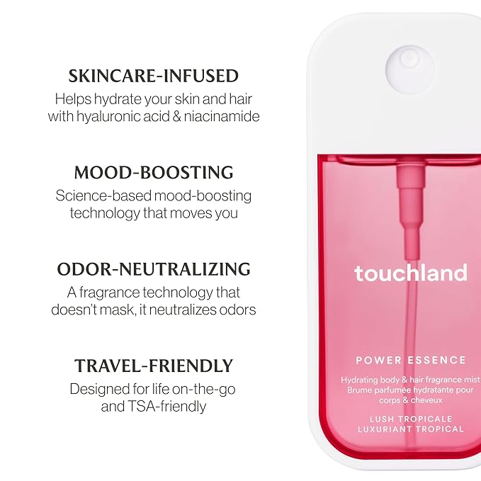 Touchland JUICY ESCAPE Body and Hand Mist Essentials (Lush Tropicale Body & Hair Fragrance Mist, 2 FL. OZ. + Wild Watermelon Hydrating Hand Sanitizer Spray 1FL.OZ.), Travel Size Set