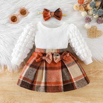 Toddler Baby Girl Plaid Dress Puff Sleeve Bow Patchwork Ribbed Shirts Dress Plaid Fall Winter Outfits with Headband