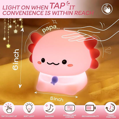 Axolotl Night Light for Kids - 3-Level Dimmer & Auto-Off Timer, Child-Safe Silicone Lamp, USB-C Rechargeable Nursery Light for Bedroom Breastfeeding (Squishy Animal)