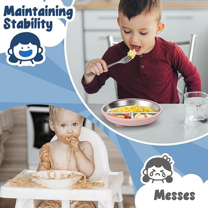 2-Pack Stainless Steel Kids’ Plates with Suction Bases, 8.26" Divided Toddler Plates with Removable Silicone Sleeves, Non-Slip, BPA-Free, Dishwasher Safe (Pink & Blue)