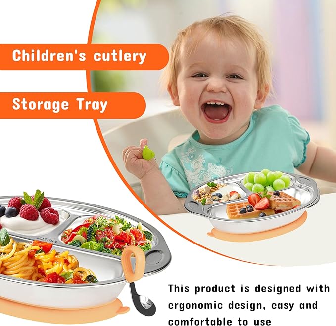 Stainless Steel Baby Suction Plates Divided Plates for Babies and Toddlers, Made of 100% Food-Grade Materials Ideal for Baby-Led Weaning BPA-Free Toddler Feeding Dishwasher Safe Orange-pink