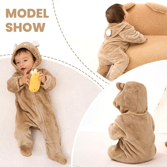 JiAmy Baby Snowsuit Baby Bear Hooded Onesie With Fold-Over Newborn Animals Fleece Outifts Thin Fall Winter Outfits