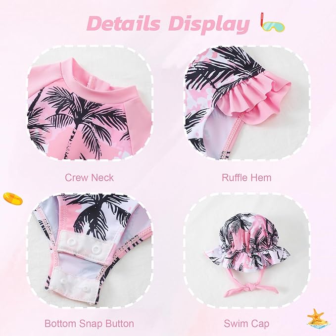 Renotemy Baby Girls Swimsuit Summer Infant Girl Bathing Suit Zipper Long Sleeve One-Piece Rash Guard Swimwear with Hat 3M-3Y
