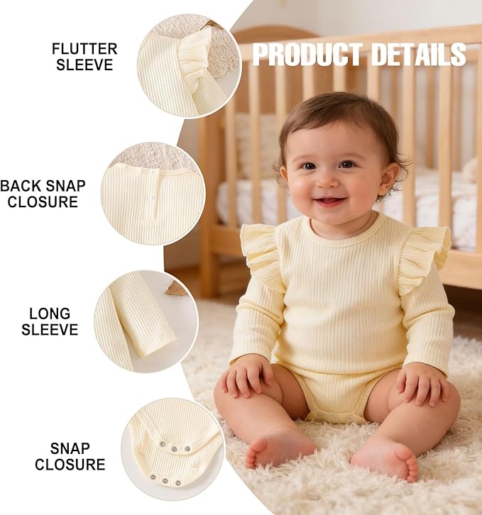 ROMPERINBOX Baby Girl Bodysuit 2 Pack, Long Sleeve Ribbed Knitted Onsies Ruffle Collar and Flutter Sleeve Fall Winter Clothes