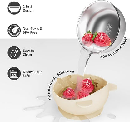 Stainless Steel Baby Bowls with Suction, 2-in-1 SUS304 Toddlers Bowl & Removable Silicone Suction Kids Bowl, Anti Scald Non Toxic Snack Container for Baby Food Feeding, Morandi Set of 4