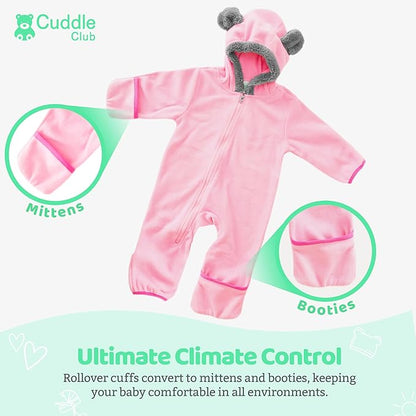 Cuddle Club Fleece Baby Bunting Bodysuit with Hood, Convertible Mittens & Booties, Car Seat Friendly, Soft & Warm, Easy Zip