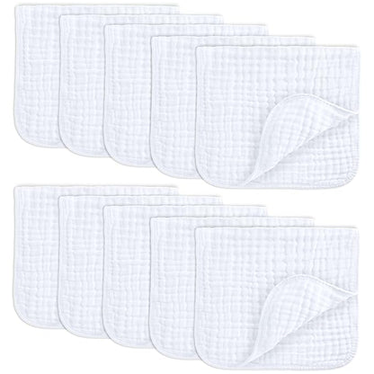 Comfy Cubs Muslin Burp Cloths 20" x 10", Pack of 10 - Large, 6-Layer, Ultra Absorbent 100% Cotton for Baby Drool and Messes - Soft, Safe & Gentle Baby Burp Cloths for Boys & Girls - White