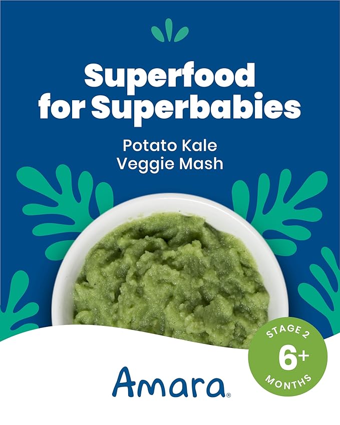 Amara Organic Baby Food - Stage 2 - Kale Potato - Baby Cereal to Mix With Breastmilk, Water or Baby Formula - Shelf Stable Baby Food Pouches Made from Organic Fruit and Veggies - 14 Pouches, 3.5oz Per Serving