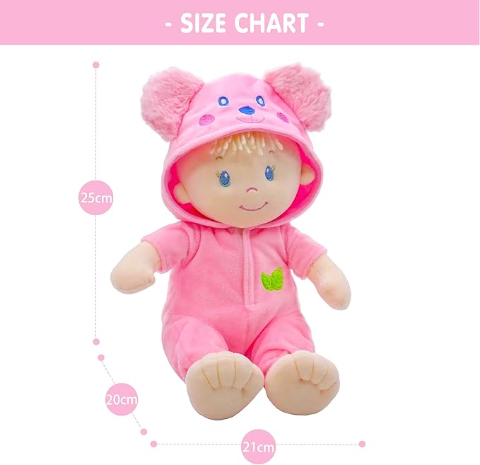 June Garden 12" Sweet Dolly Frida - Stuffed Ultra Soft Baby Bear Doll for Birth and Up - Removable Pink Outfit