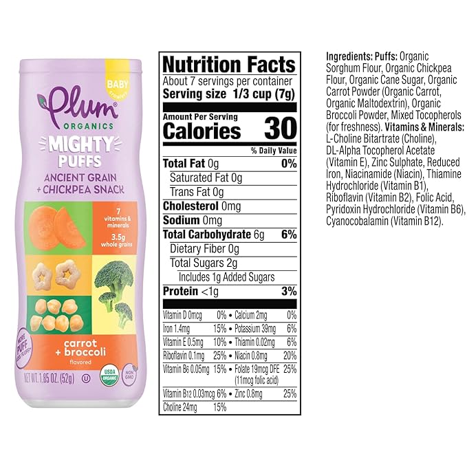 Plum Organics Mighty Puffs Ancient Grain + Chickpea Snack, Carrot + Broccoli Flavor, Baby Crawlers, Kosher, USDA Certified Organic, Non-GMO, 1.85 Ounce (Pack of 6)