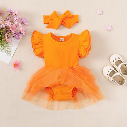 Baby Girl Clothes Infant Ruffle Sleeve Romper Dress Newborn Solid Tutu Skirt Sets Jumpsuit Headband Outfit