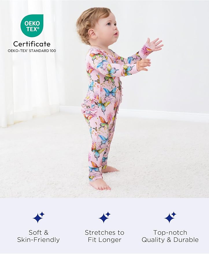 Bamboo Viscose Baby Girl Footless Pajamas Ruffled Baby Sleepers with 2 Way Zipper