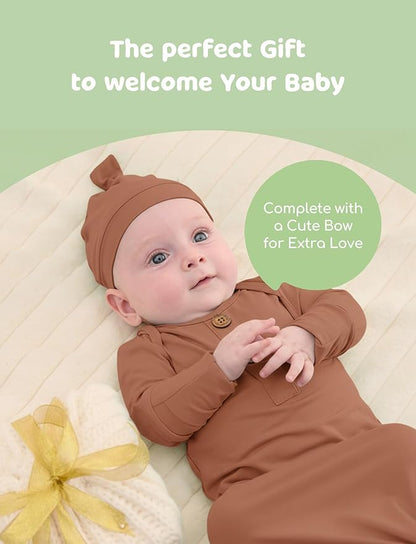 PATPAT Baby Sleeper Gown with Bamboo Viscose for Newborn Girls Boys, Knotted Nightgown with Mittens for Infant Home Coming