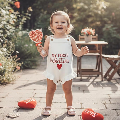 Infant My First Valentines Baby Girl Outfit Newborn Button Heart Embroidery Knit Romper Bubble Bodysuit One Piece