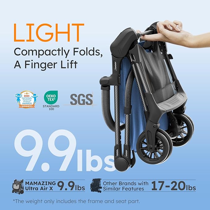 MAMAZING Ultra Air X Travel Stroller - Ultra-Lightweight Under 10 lbs, Carbon Fiber Frame & Airplane Friendly, Lightweight Stroller with Reclining Seat, UPF 50+ Canopy & Travel Bag