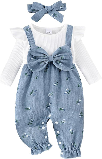 Infant Baby Girls Fall Outfit Long Sleeve Romper Floral Print Fake Two Pieces Patchwork Bow Jumpsuits And Headband Set