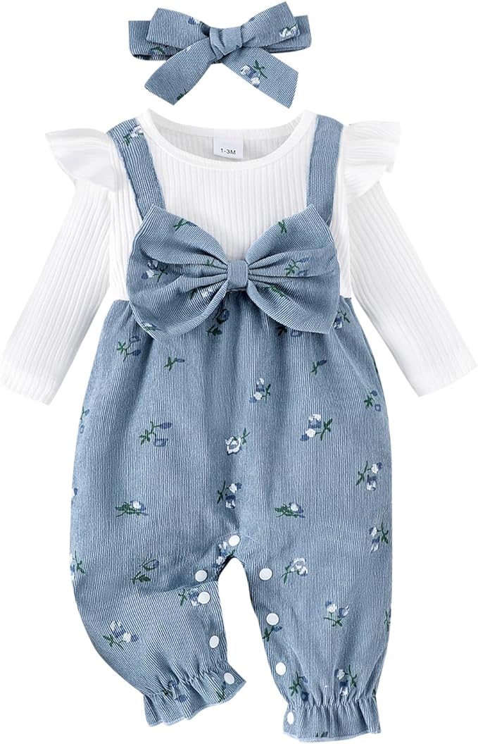 Infant Baby Girl Fall Outfit Romper Cherry Print Fake Two Pieces Patchwork Bow Jumpsuit Newborn Winter Clothes