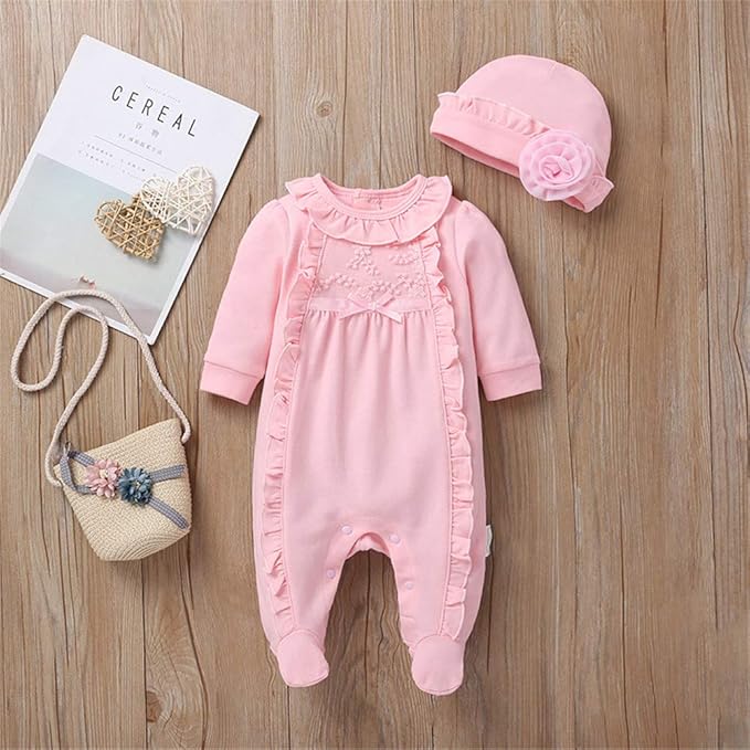 Infant Baby Girl Ruffled Cotton Footies Footed Overall Romper with Hat Toddler Baby Footed Jumpsuit