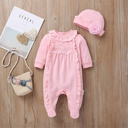 Infant Baby Girl Ruffled Cotton Footies Footed Overall Romper with Hat Toddler Baby Footed Jumpsuit