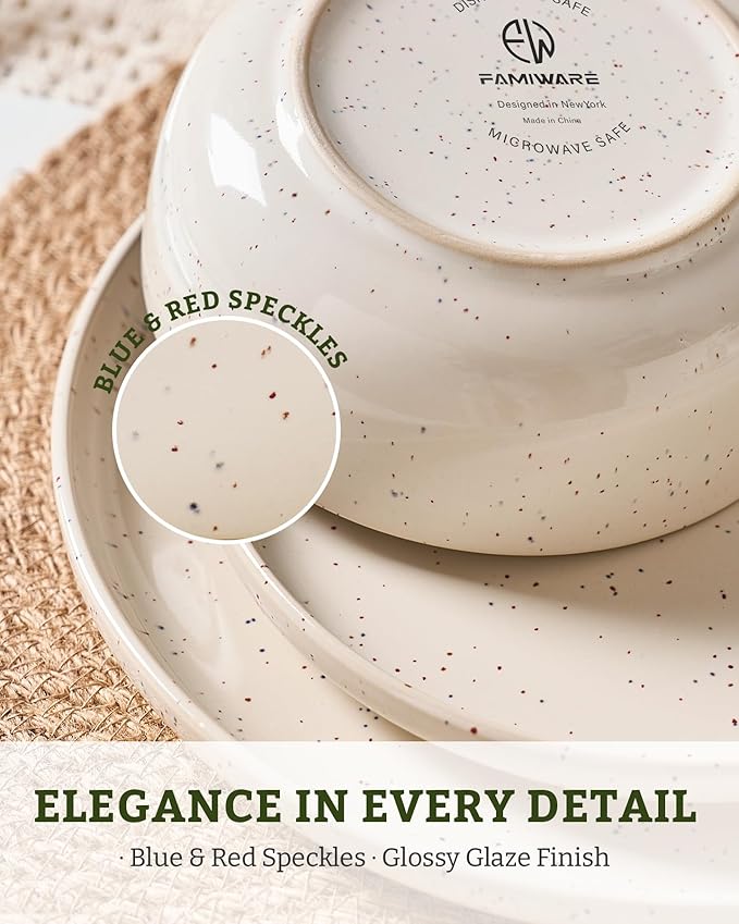 Famiware Meteor Plates and Bowls Sets, 24-Piece Stoneware Dinnerware Sets, Dishes Set for 8, Microwave and Dishwasher Safe Tableware, Creamy White