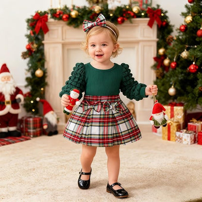 Toddler Baby Girl Plaid Dress Puff Sleeve Bow Patchwork Ribbed Shirts Dress Plaid Fall Winter Outfits with Headband