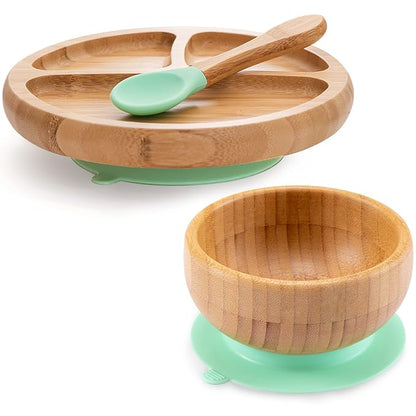 Baby Bamboo Suction Plate, Bowl and Spoon Set, Wooden Feeding Set for Toddler 1-3 Year Old, Silicone Suction Sticks to Most High Chairs for Non Slip & Silicone Spoon Tips with Wood Handle