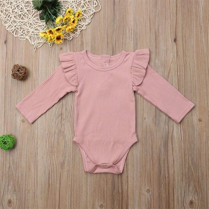 Mubineo Infant Baby Girl Basic Plain Rib Knit Ruffle Long Sleeve Romper Bodysuit Tops