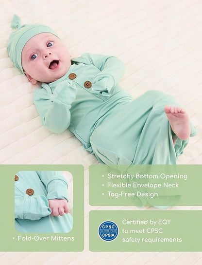 PATPAT Baby Sleeper Gown with Bamboo Viscose for Newborn Girls Boys, Knotted Nightgown with Mittens for Infant Home Coming