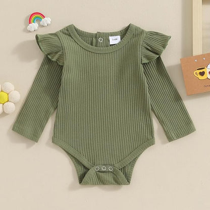 Mubineo Infant Baby Girl Basic Plain Rib Knit Ruffle Long Sleeve Romper Bodysuit Tops