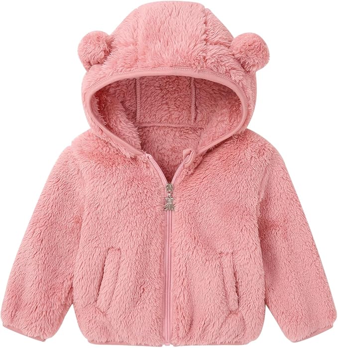 Baby Toddler Boys Girls Fleece Jacket with Hood Zip Up Cute Bear Coats for Infant Boys Girls Fuzzy Jacket with Ear 1-5T