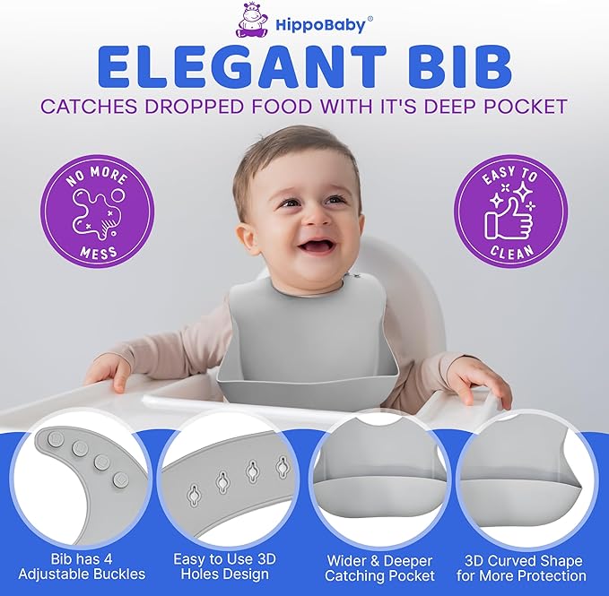 Baby Led Weaning Supplies | 10 Piece Silicone Feeding Set | Baby Toddler Bib Cup Divided Plate and Bowl Self Feeding Spoons Dish Set | Baby Utensils | Toddler Feeding Supplies (Cloud)