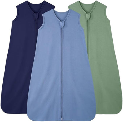 Baby Sleep Sack 12-18 Months, 100% Cotton Sleeping Sack for Newborn and Infant, 3 Pack Baby Wearable Blanket, 0.5 Tog Lightweight Double Zipper Sleep Bag Cyan