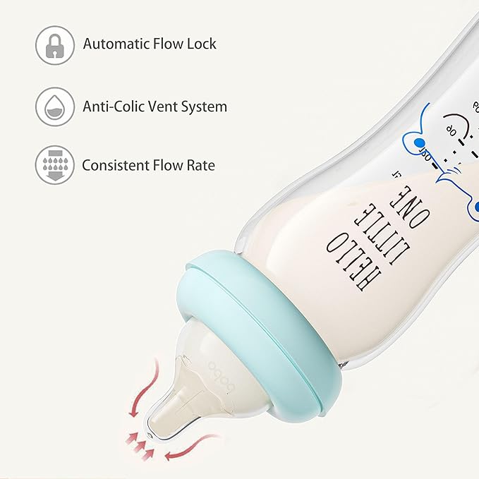 YOHKOH Natural Glass Baby Bottle with Level 2 Medium Flow Nipple, Newborn Anti-Colic Baby Bottles, Wide Neck Mushroom Baby Glass Bottle (8.8ounce (Pack of 4), Blue1)