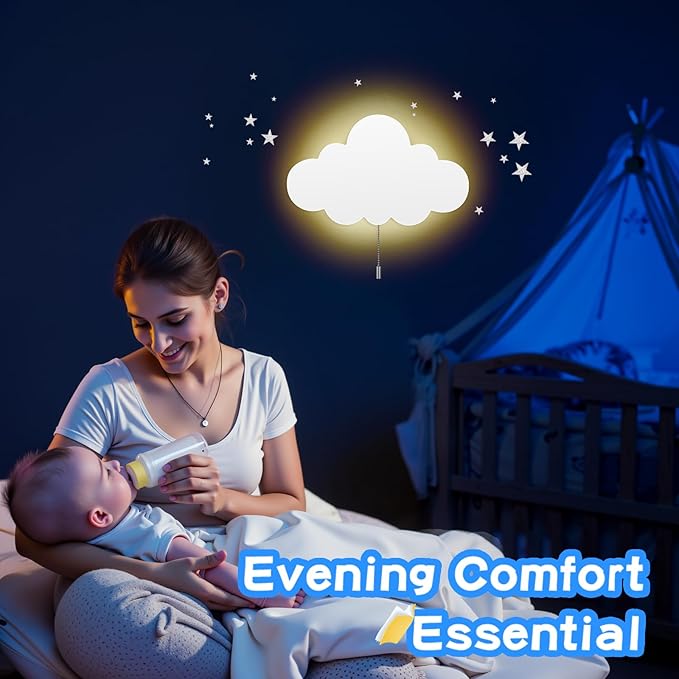 Cloud Light - Battery-Powered Wall Lamp for Nursery, Kids Bedroom & Baby Room, 3000K Warm Night Light with Pull-String Switch, Cordless 3.7V, Lightweight 33x20cm (No Charging Needed)