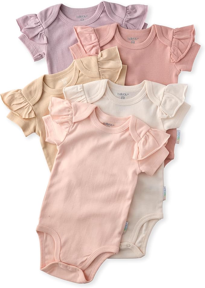 baby-girls Rory 5-pack Short Sleeve Ruffle Shoulder Bodysuits 100% Organic Cotton for Baby Girls