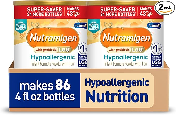 Enfamil Nutramigen Hypoallergenic Baby Formula with Iron, Lactose Free, Colic Relief from Cow's Milk Allergy Starts in 24 Hours, Brain Building DHA, Probiotic LGG for Immune Support, 27.8 Oz Can (Pack of 2)
