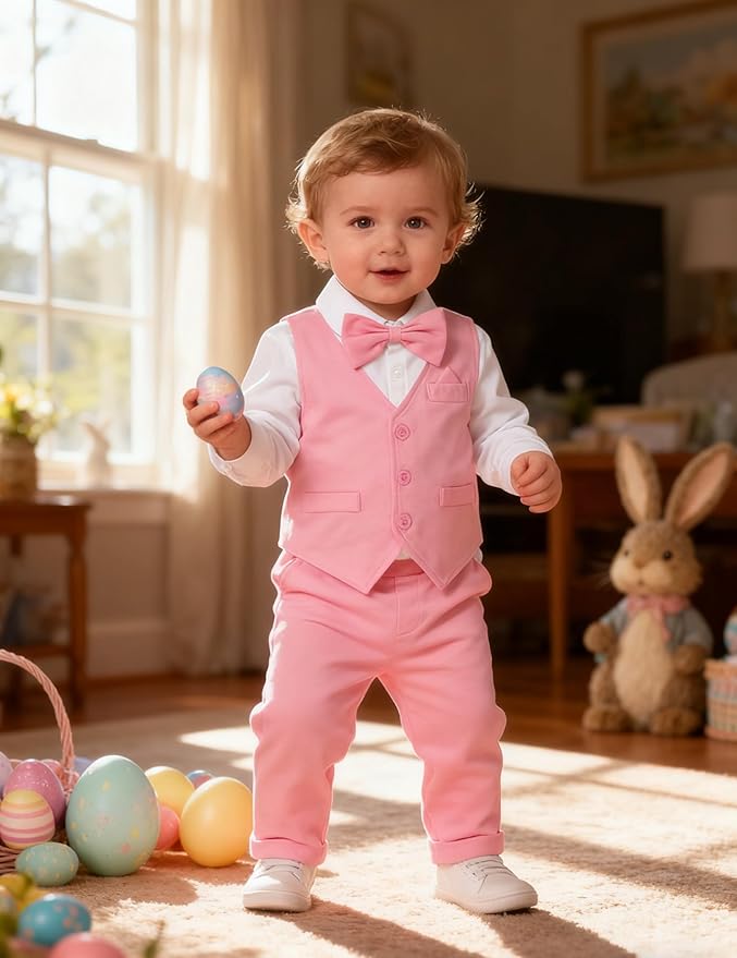 A&J DESIGN Baby Boy Suits Clothes Infant Toddler Formal Gentleman Outfits, Dress Shirt + Vest + Bow Tie + Pants Wedding Set